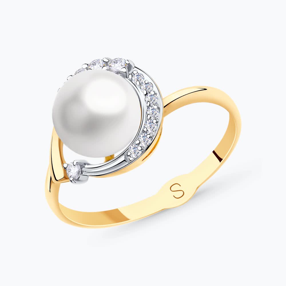 Gold Sokolov ring with pearl and zirconia