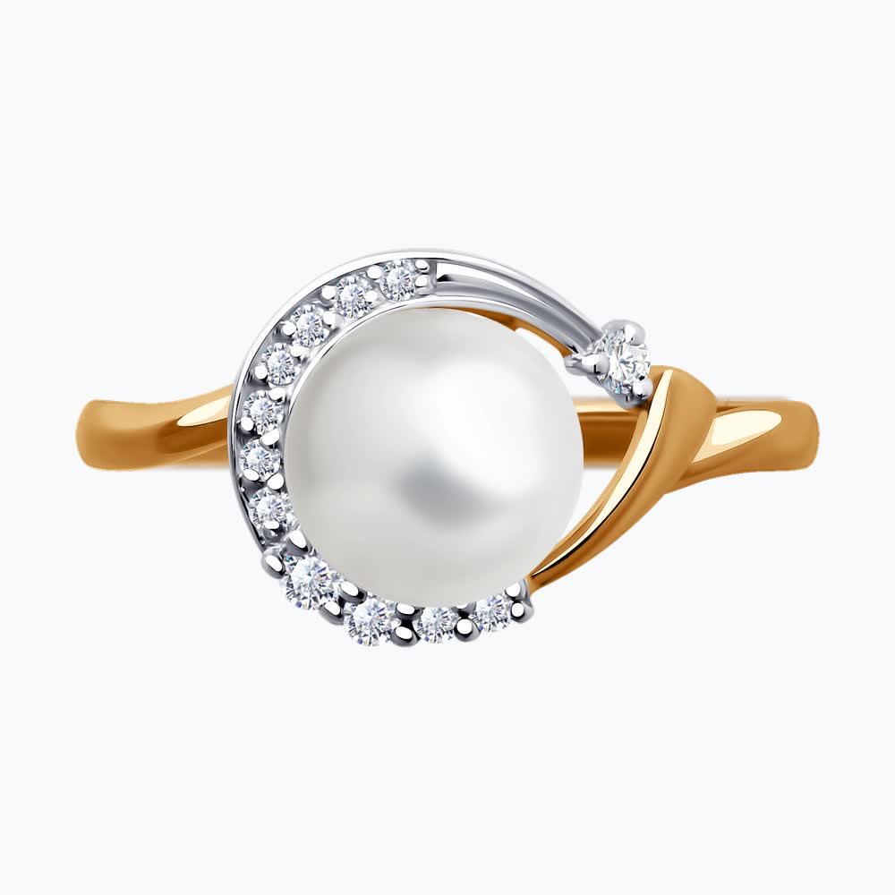 Gold Sokolov ring with pearl and zirconia - image 2