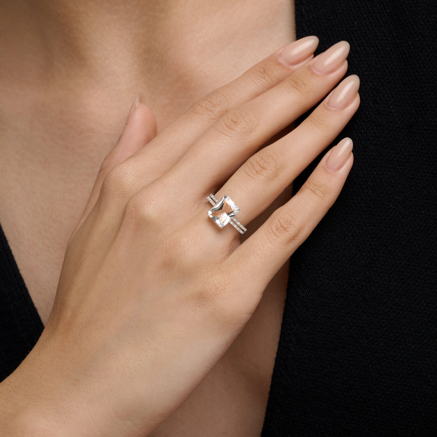 White gold Sokolov ring with diamonds and rock crystal - image 4