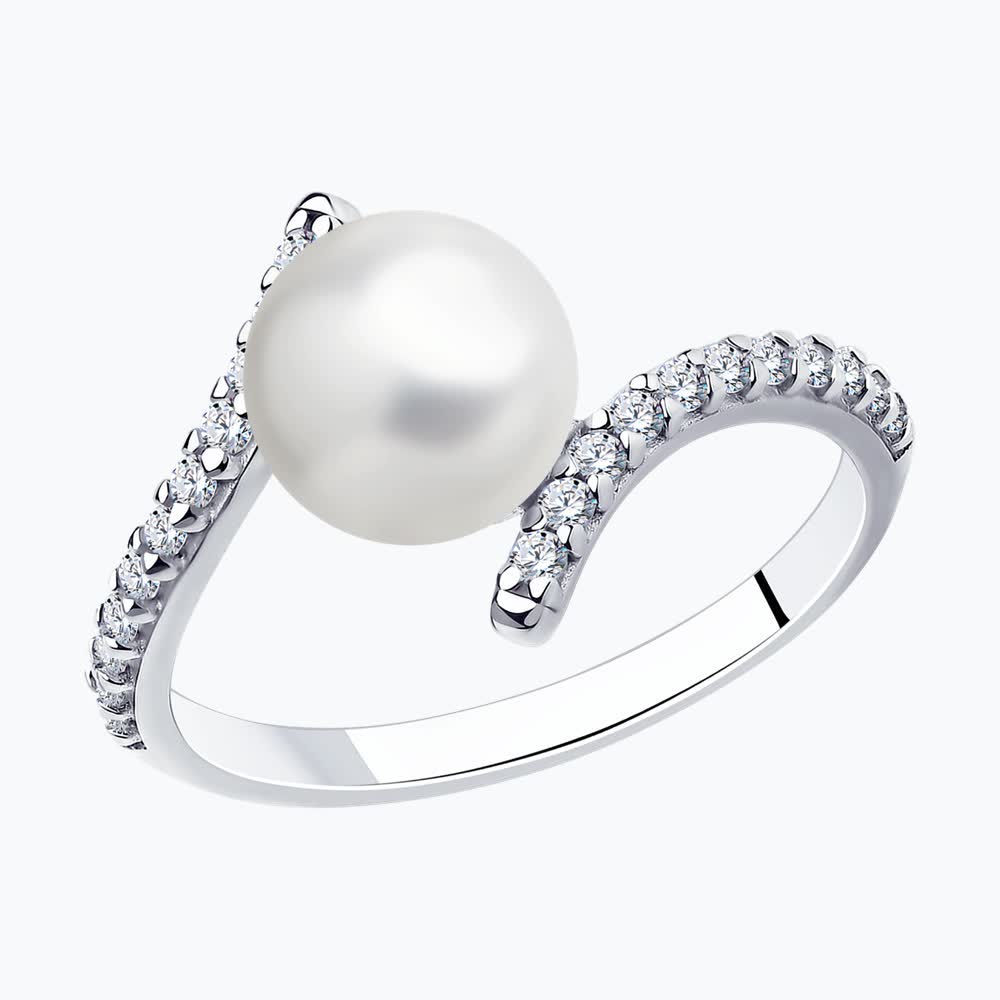 Silver Sokolov ring with pearl and zirconia