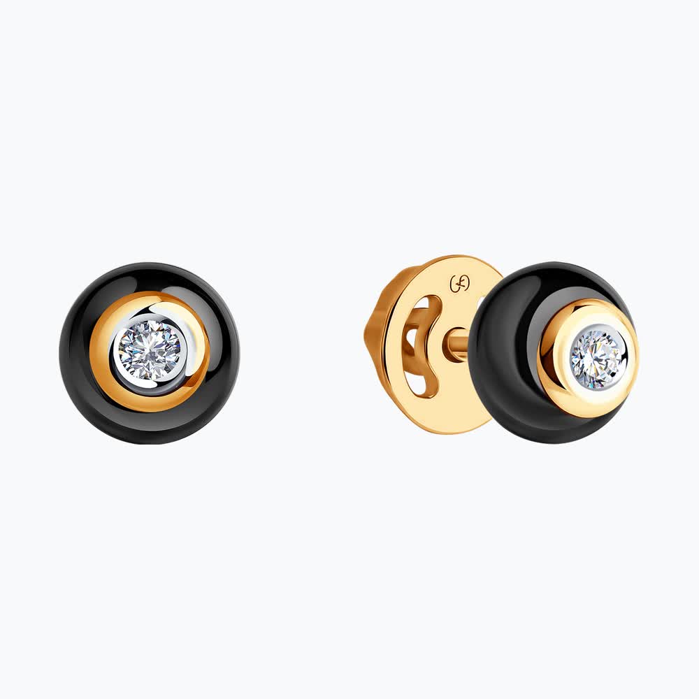 Sokolov gold earrings with diamond and black ceramic inlays - image 2